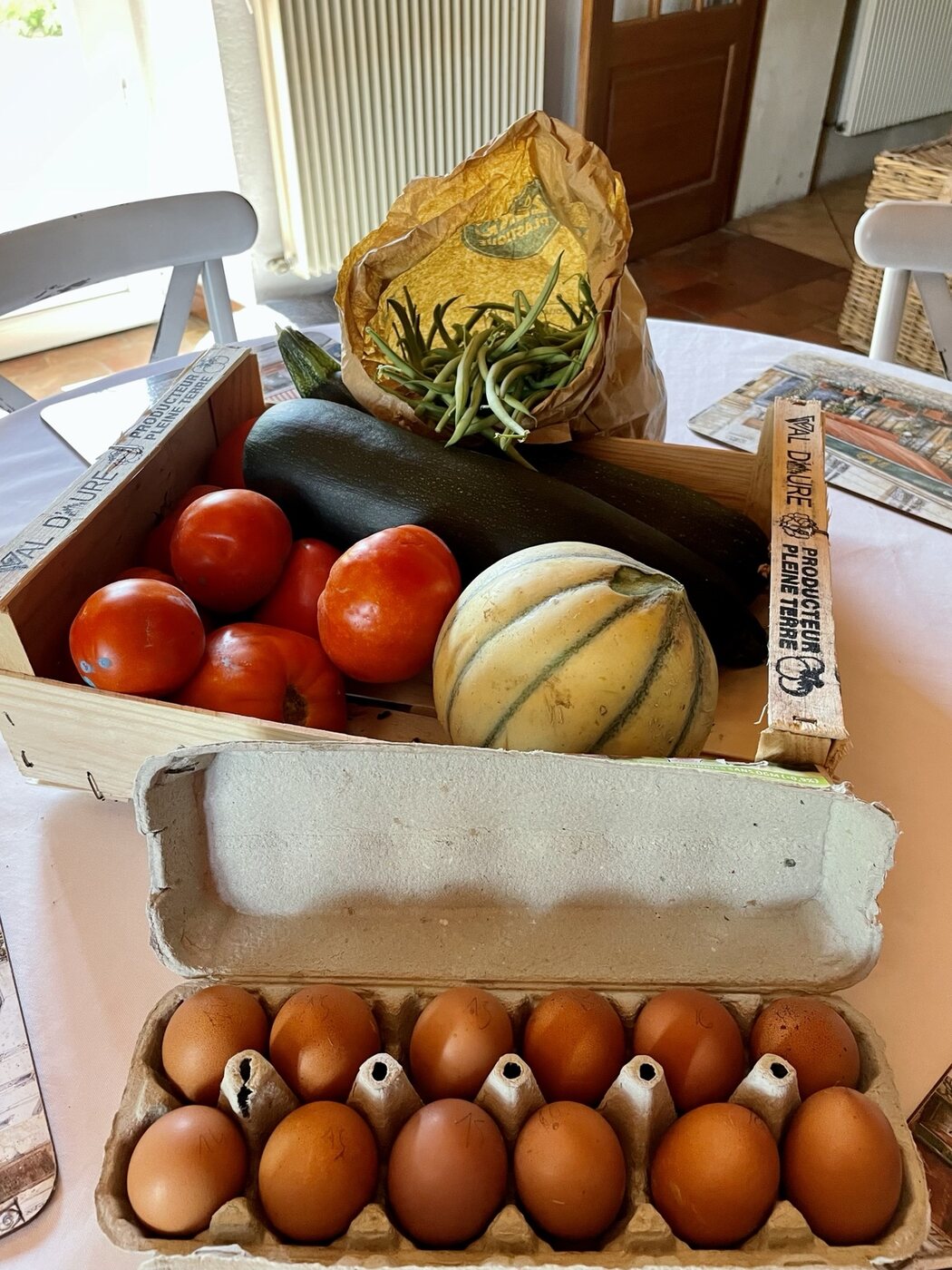 A basket of vegetables and fresh eggs shared by French neighbours